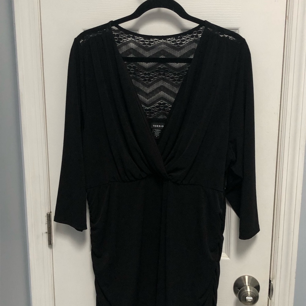 Torrid Womens Surplice Faux Wrap Top Blouse Size 3 Black Ruched Lace Back Plus